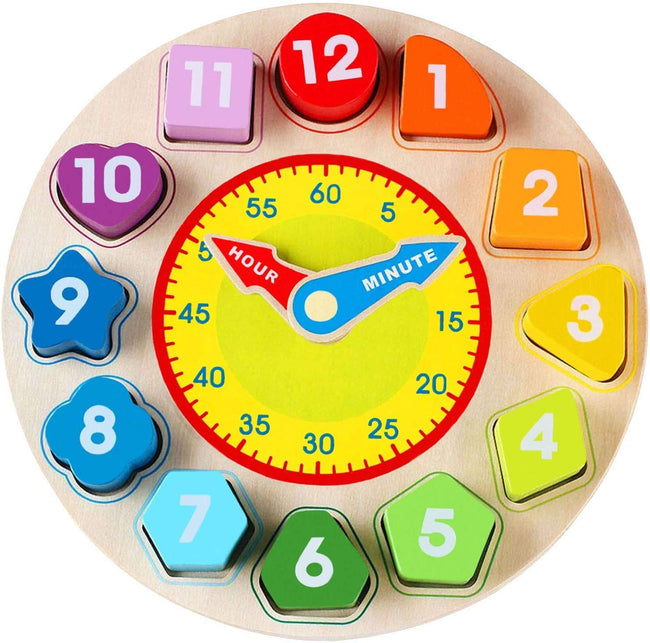 Jamohom Teaching Time Clock Shape Sorting Number Blocks Early Learning Wooden Educational Toy for Kids