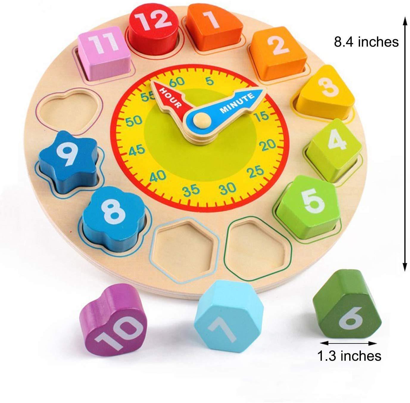Jamohom Teaching Time Clock Shape Sorting Number Blocks Early Learning Wooden Educational Toy for Kids