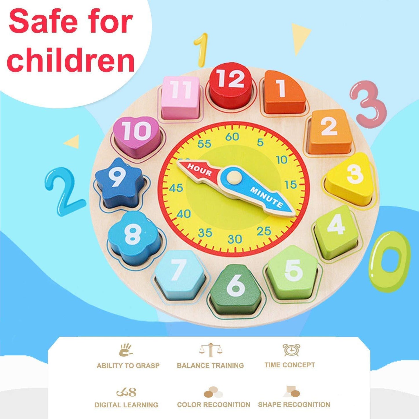 Jamohom Teaching Time Clock Shape Sorting Number Blocks Early Learning Wooden Educational Toy for Kids